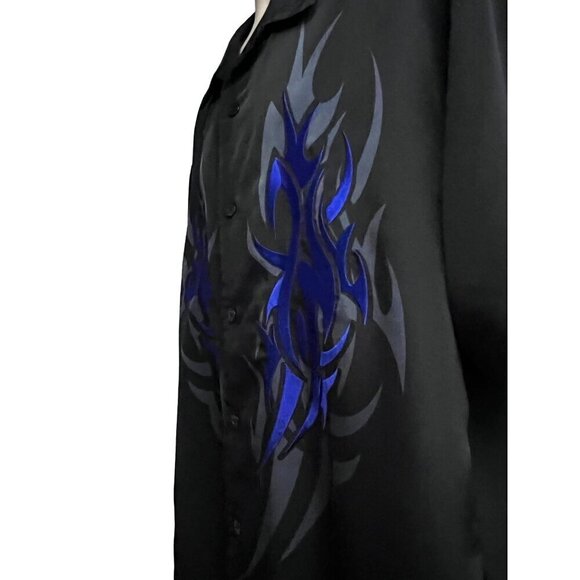 Dragonfly Mens Vintage Rockabilly Black Blue Embroidered Flames Button Up Shirt - Picture 5 of 8